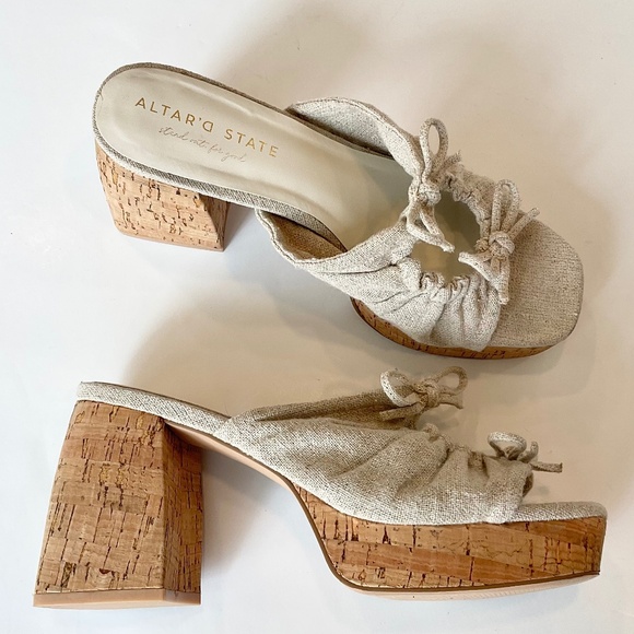 ALTAR’D STATE Estella Bow Cork Platform Heels Khaki Canvas Size 8 - Picture 1 of 12